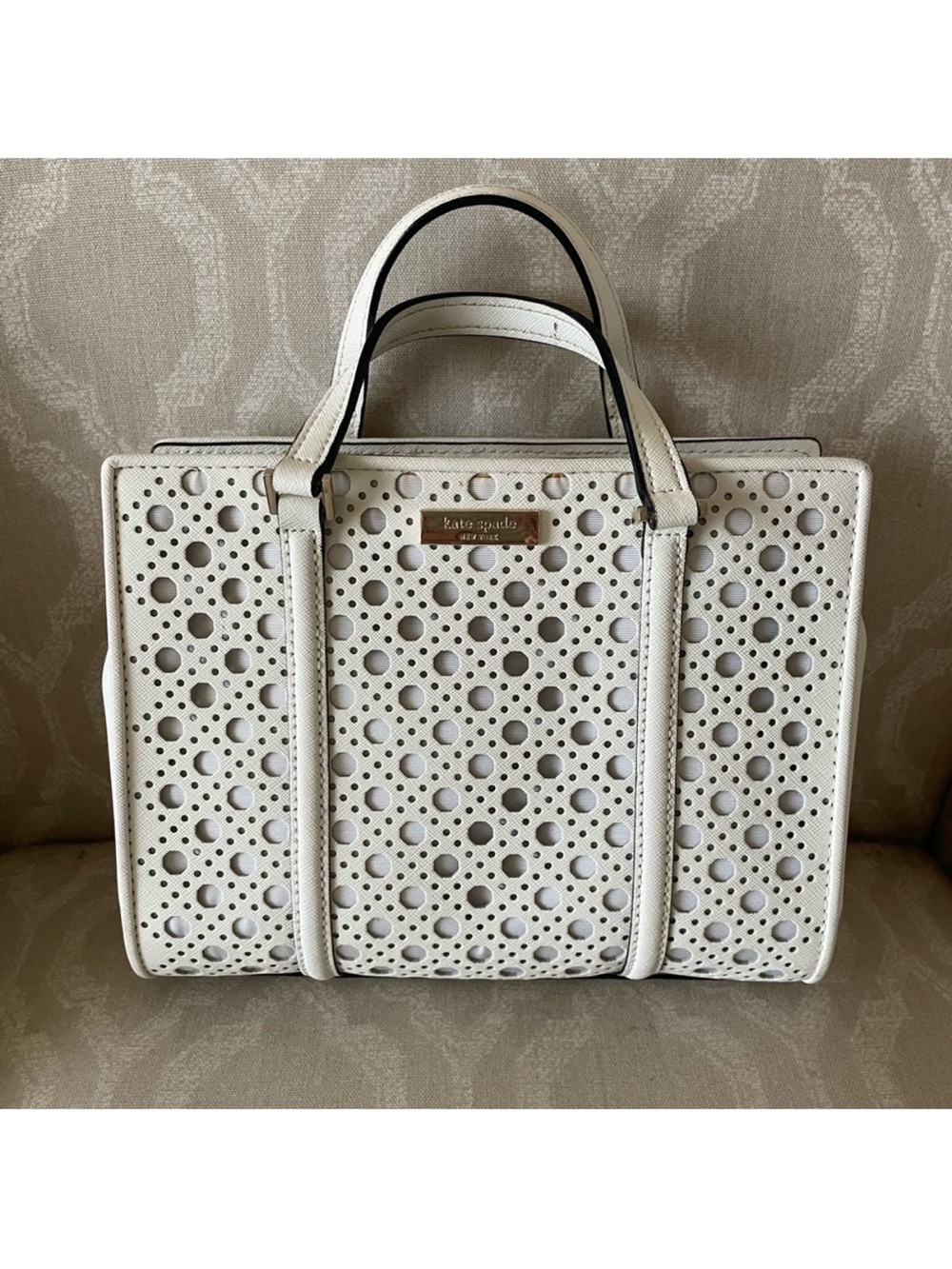 kate spade White Perforated Leather Tote with Top Handles
